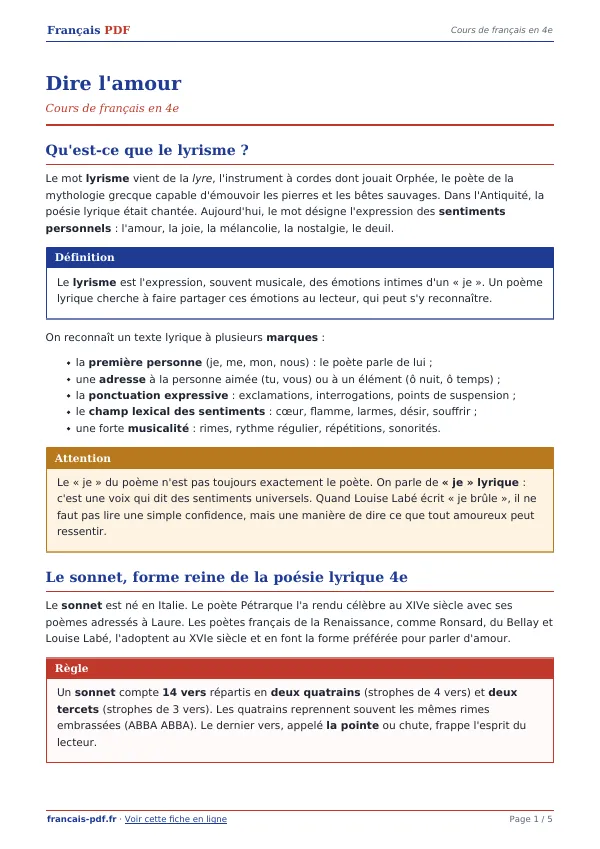 Cours « Dire l’amour » en PDF