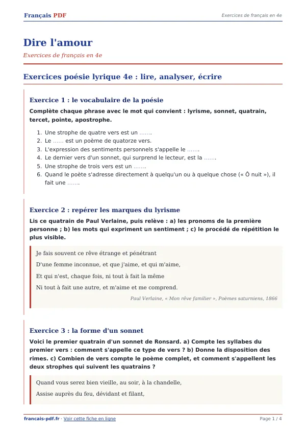 Exercices « Dire l’amour » en PDF