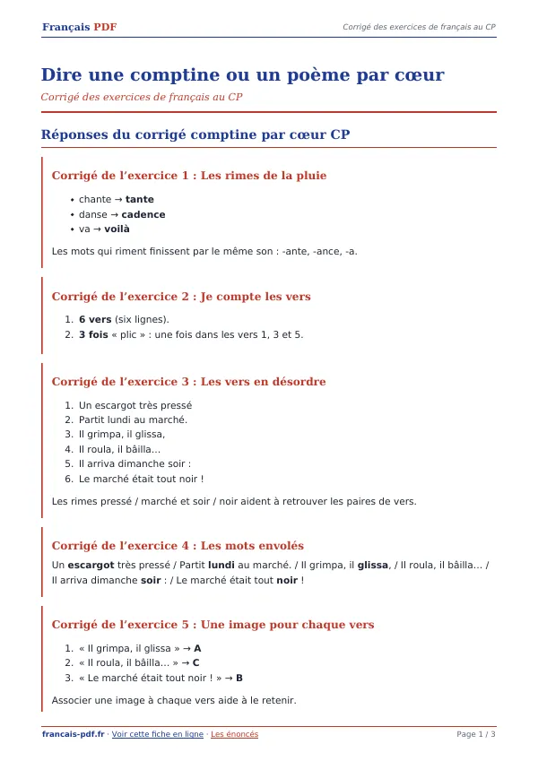 Corrigé « Dire une comptine ou un poème par cœur » en PDF