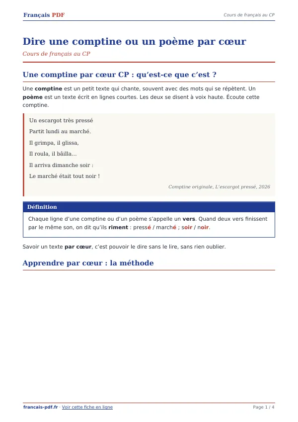 Cours « Dire une comptine ou un poème par cœur » en PDF