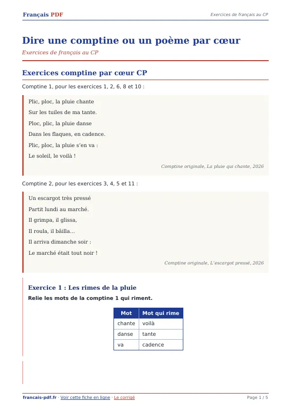 Exercices « Dire une comptine ou un poème par cœur » en PDF