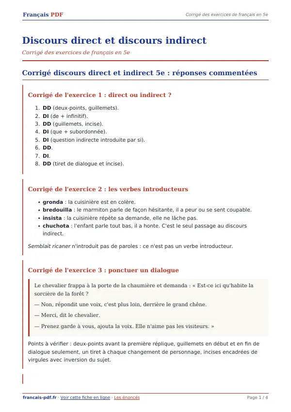 Corrigé « Discours direct et discours indirect » en PDF