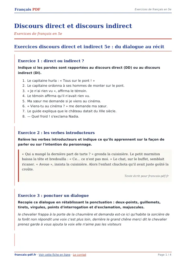 Exercices « Discours direct et discours indirect » en PDF