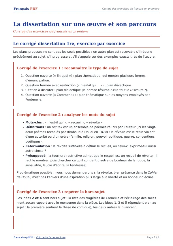 Corrigé « La dissertation sur une œuvre et son parcours » en PDF