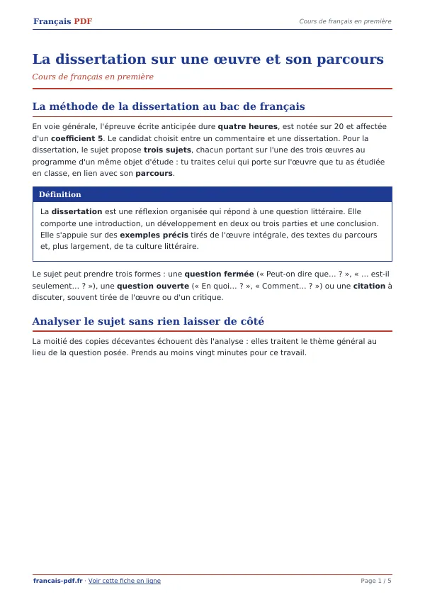 Cours « La dissertation sur une œuvre et son parcours » en PDF