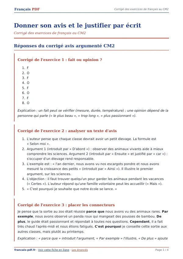 Corrigé « Donner son avis et le justifier par écrit » en PDF