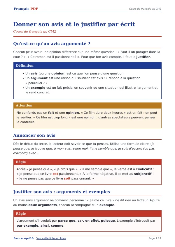 Cours « Donner son avis et le justifier par écrit » en PDF