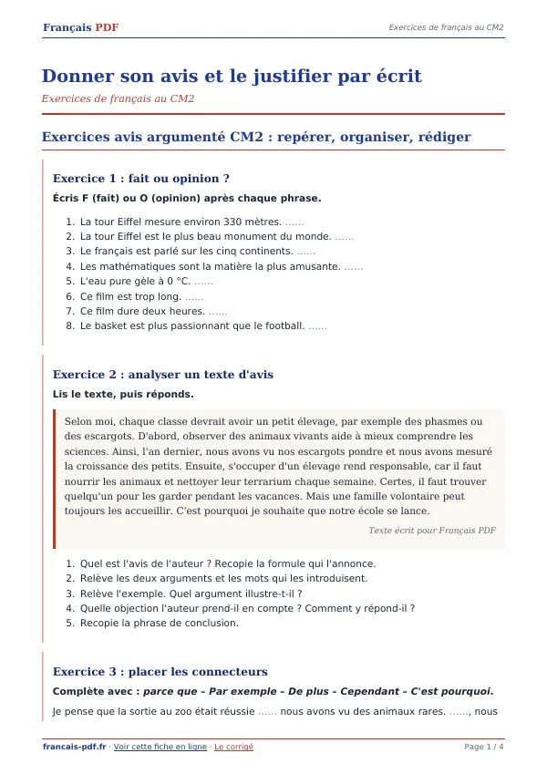 Exercices « Donner son avis et le justifier par écrit » en PDF