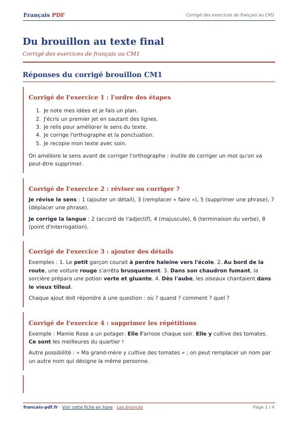 Corrigé « Du brouillon au texte final » en PDF