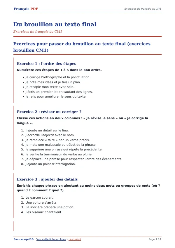 Exercices « Du brouillon au texte final » en PDF