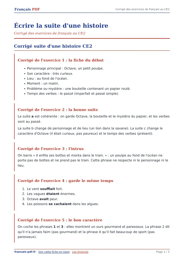 Corrigé « Écrire la suite d’une histoire » en PDF