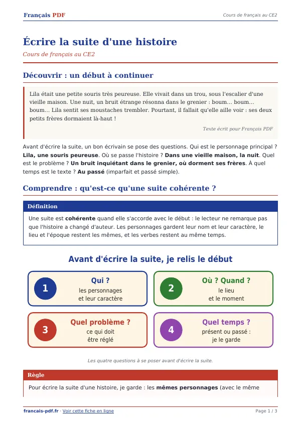 Cours « Écrire la suite d’une histoire » en PDF