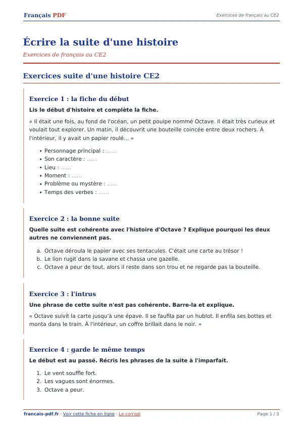 Exercices « Écrire la suite d’une histoire » en PDF