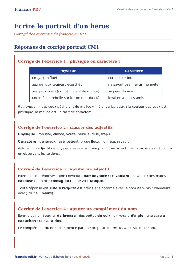 Corrigé « Écrire le portrait d’un héros » en PDF