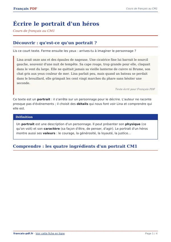 Cours « Écrire le portrait d’un héros » en PDF