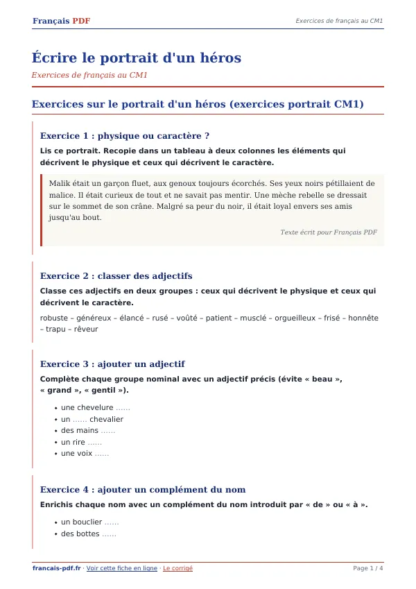 Exercices « Écrire le portrait d’un héros » en PDF