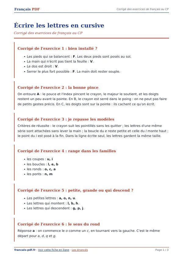 Corrigé « Écrire les lettres en cursive » en PDF