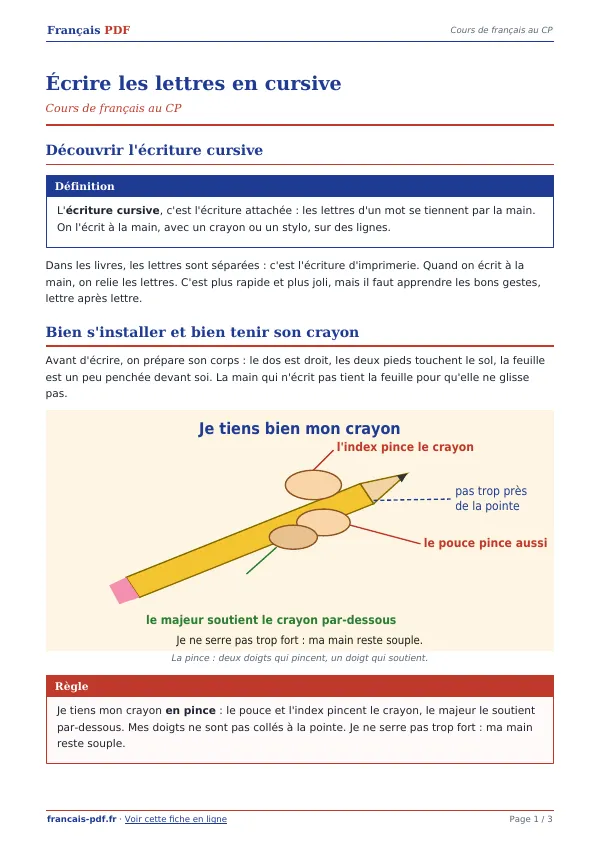 Cours « Écrire les lettres en cursive » en PDF