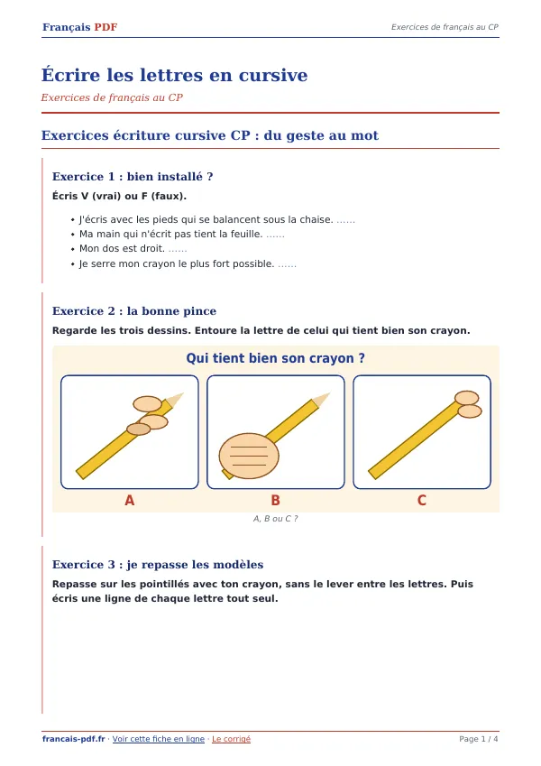 Exercices « Écrire les lettres en cursive » en PDF