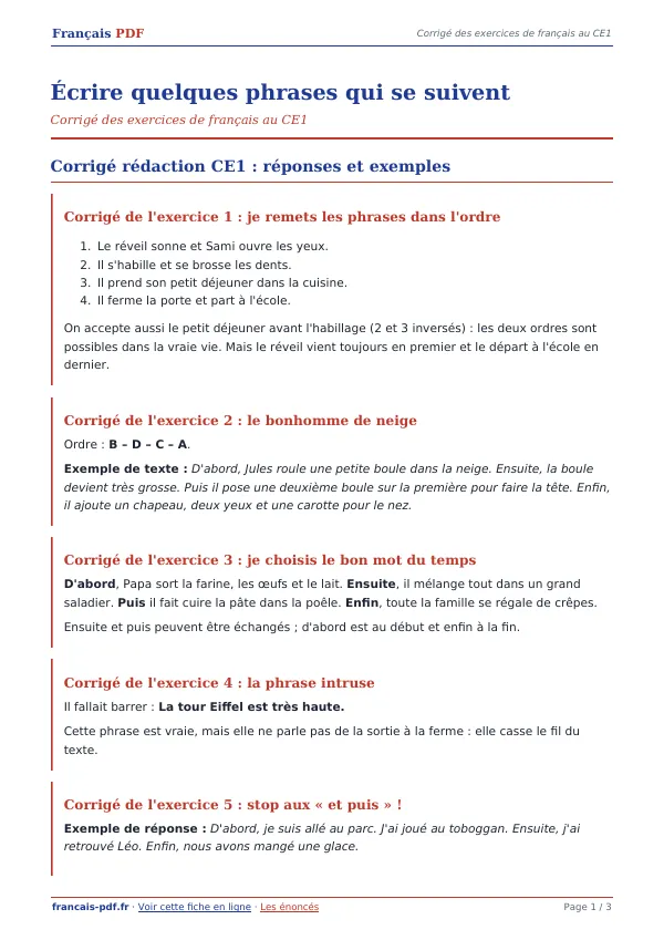 Corrigé « Écrire quelques phrases qui se suivent » en PDF