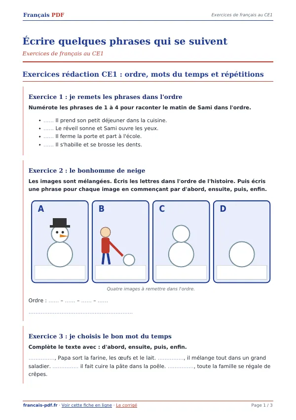 Exercices « Écrire quelques phrases qui se suivent » en PDF