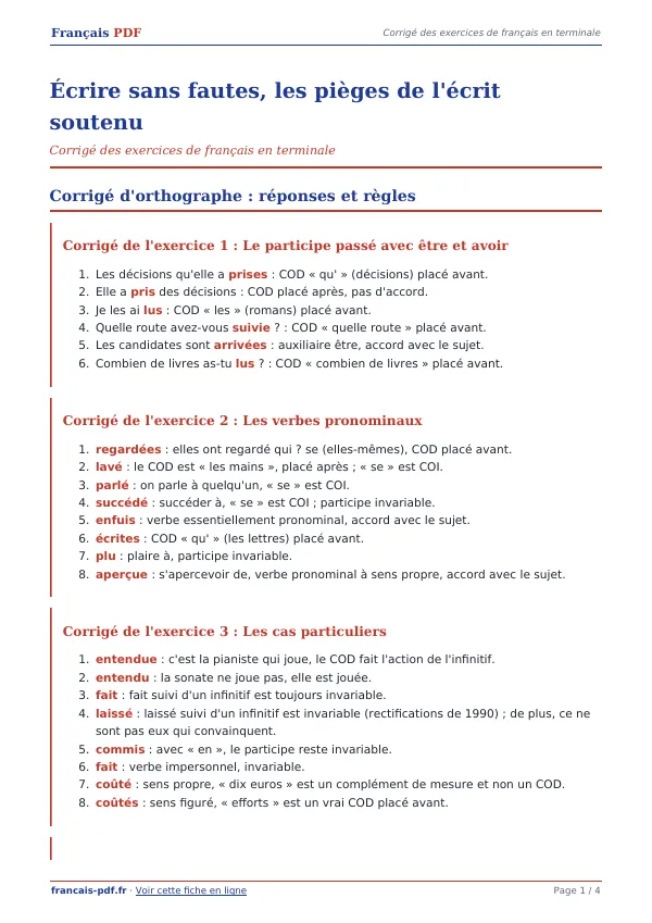 Corrigé « Écrire sans fautes, les pièges de l’écrit soutenu » en PDF