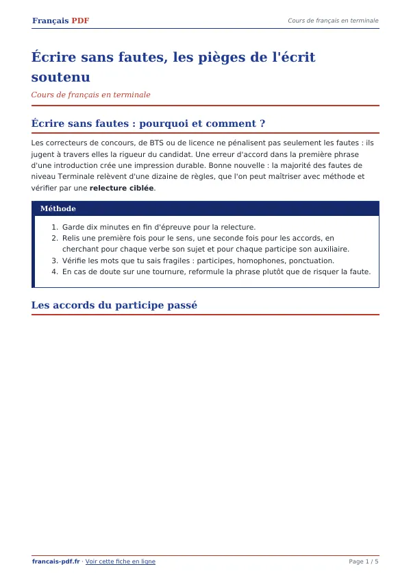 Cours « Écrire sans fautes, les pièges de l’écrit soutenu » en PDF