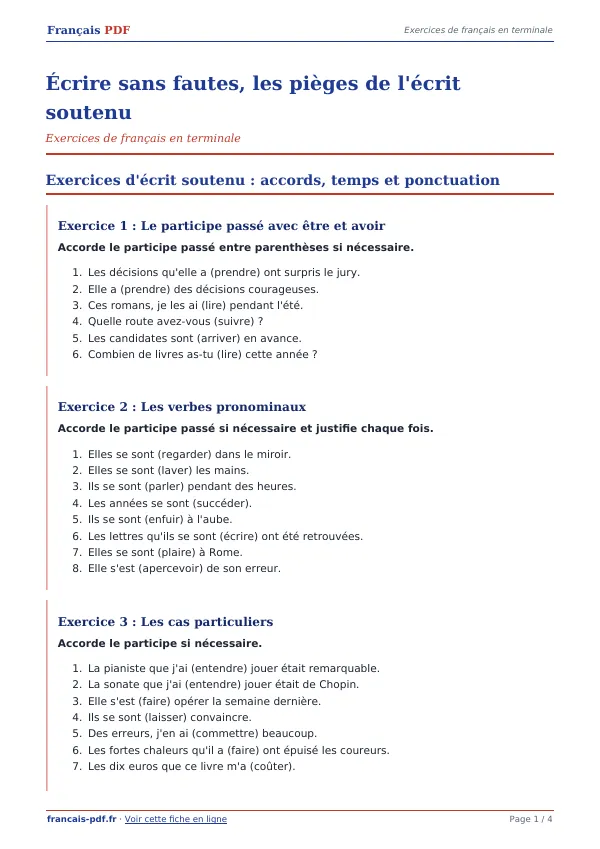 Exercices « Écrire sans fautes, les pièges de l’écrit soutenu » en PDF