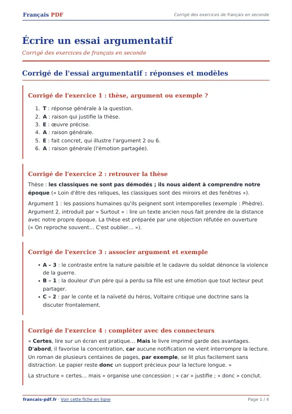 Corrigé « Écrire un essai argumentatif » en PDF
