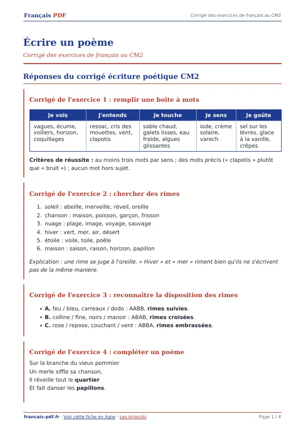 Corrigé « Écrire un poème » en PDF