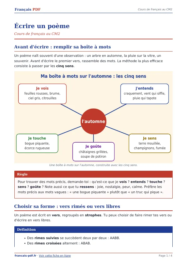 Cours « Écrire un poème » en PDF