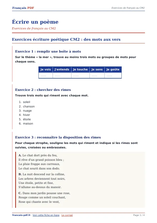 Exercices « Écrire un poème » en PDF
