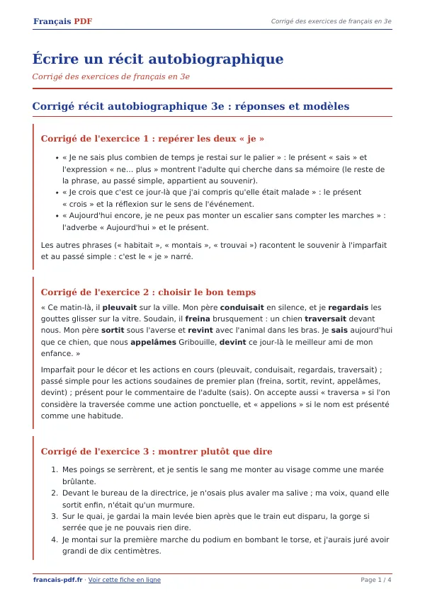 Corrigé « Écrire un récit autobiographique » en PDF