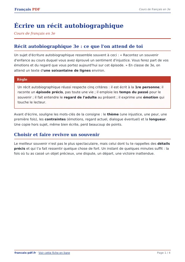 Cours « Écrire un récit autobiographique » en PDF