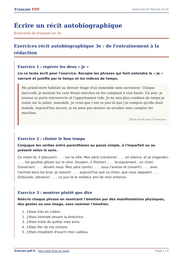 Exercices « Écrire un récit autobiographique » en PDF