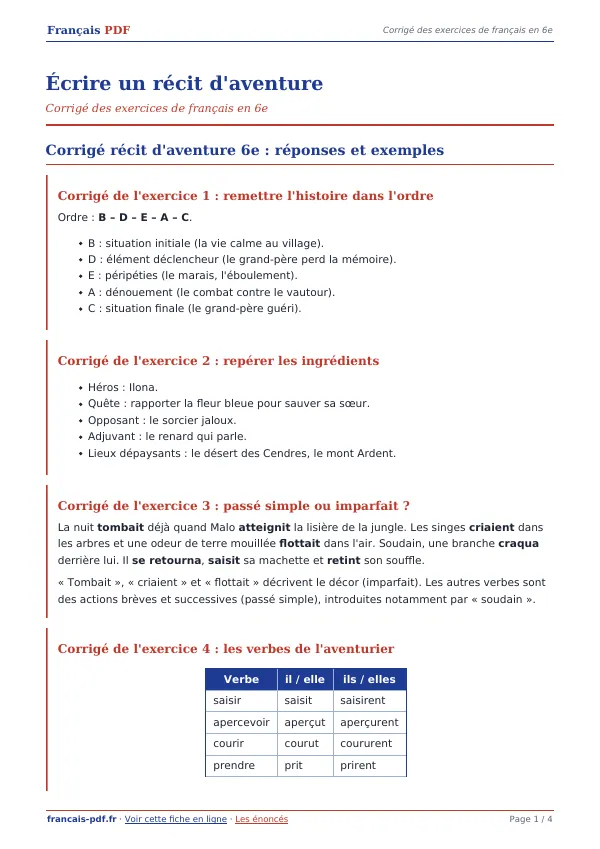 Corrigé « Écrire un récit d’aventure » en PDF