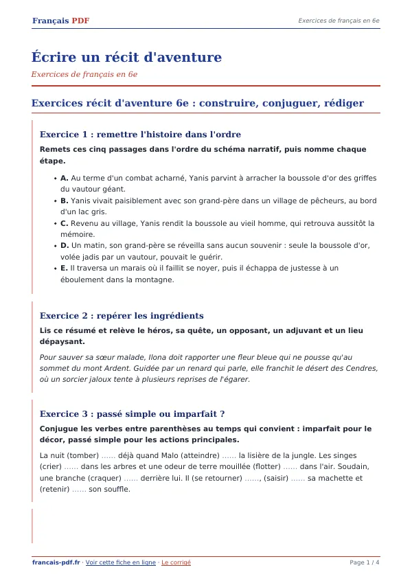 Exercices « Écrire un récit d’aventure » en PDF