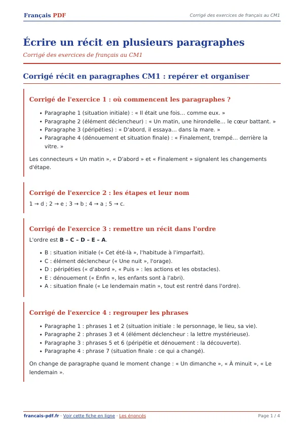 Corrigé « Écrire un récit en plusieurs paragraphes » en PDF