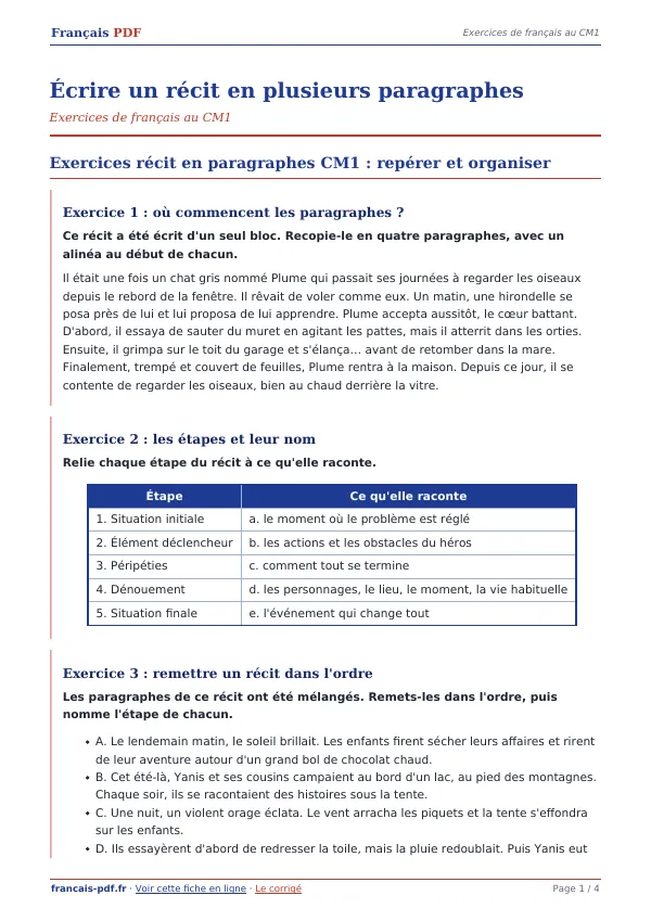 Exercices « Écrire un récit en plusieurs paragraphes » en PDF