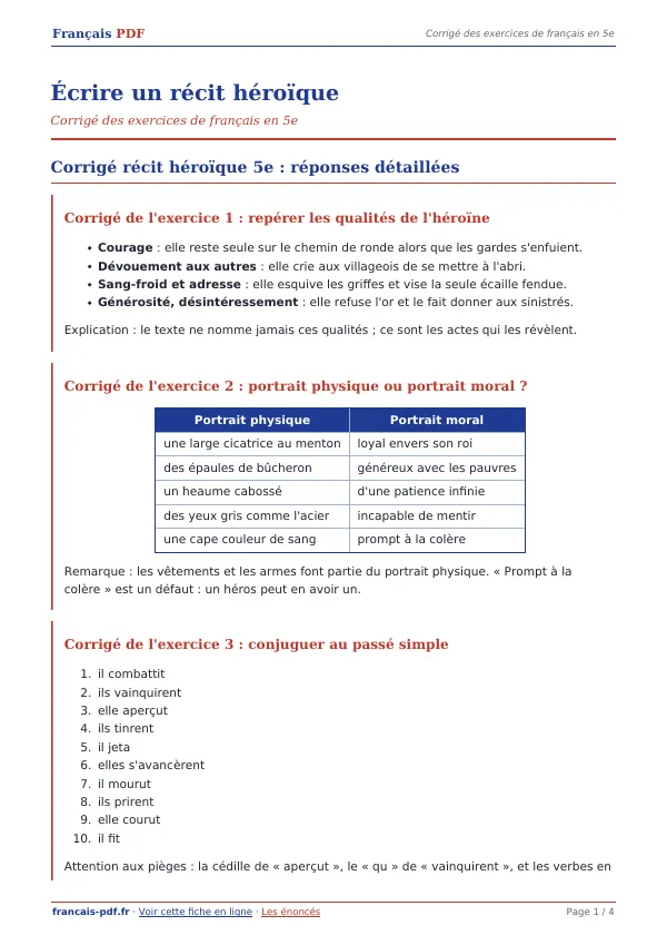 Corrigé « Écrire un récit héroïque » en PDF