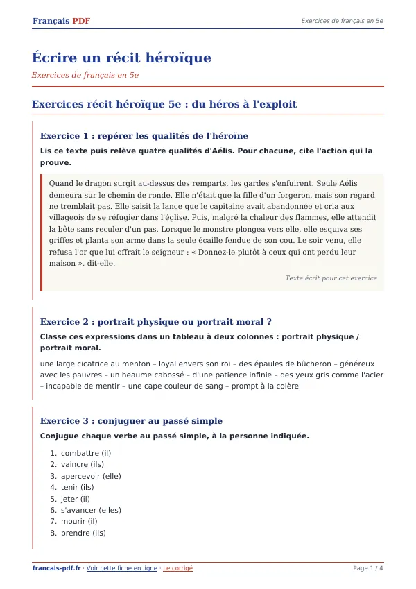 Exercices « Écrire un récit héroïque » en PDF