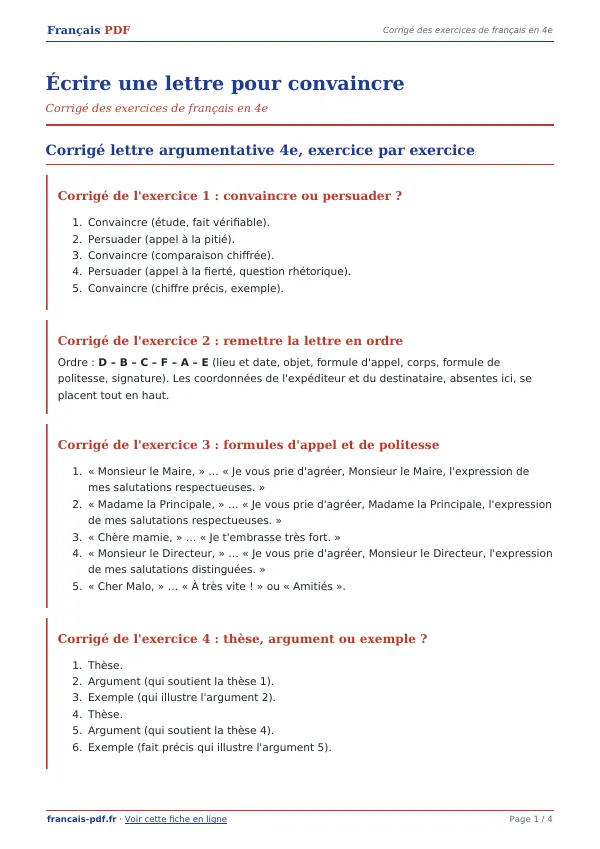 Corrigé « Écrire une lettre pour convaincre » en PDF