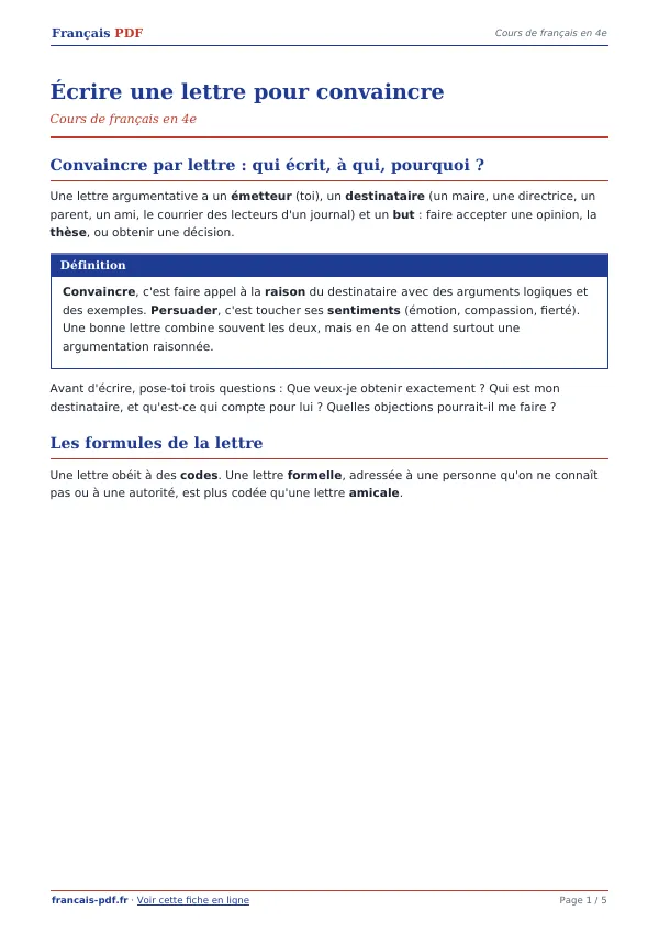 Cours « Écrire une lettre pour convaincre » en PDF
