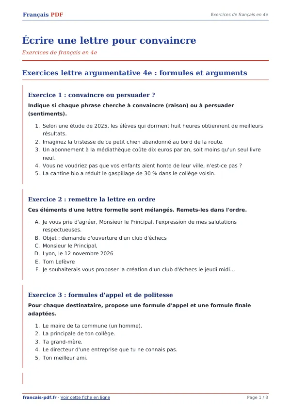 Exercices « Écrire une lettre pour convaincre » en PDF