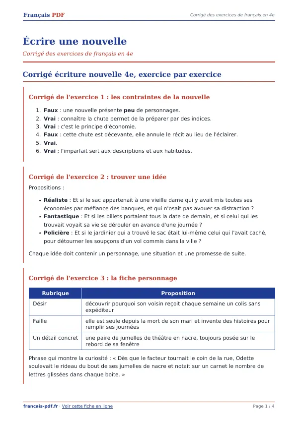 Corrigé « Écrire une nouvelle » en PDF
