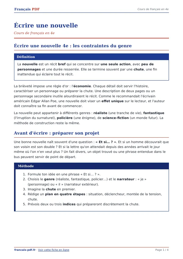 Cours « Écrire une nouvelle » en PDF
