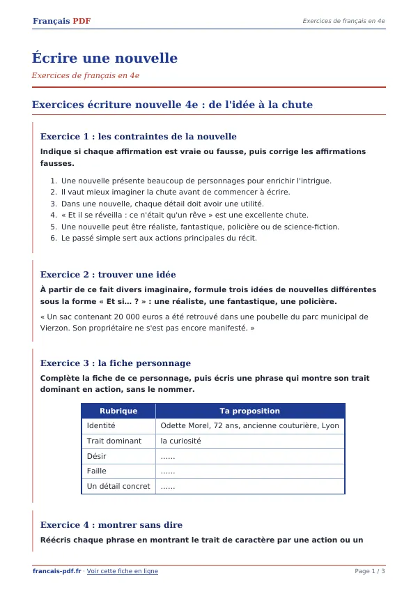Exercices « Écrire une nouvelle » en PDF