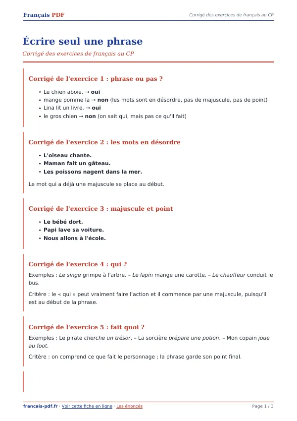 Corrigé « Écrire seul une phrase » en PDF