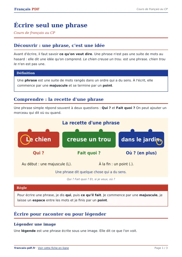 Cours « Écrire seul une phrase » en PDF