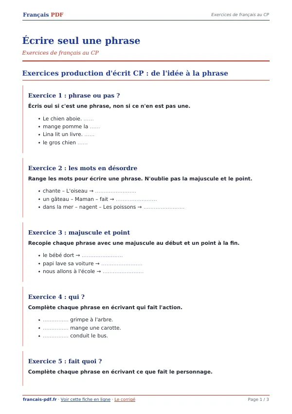 Exercices « Écrire seul une phrase » en PDF